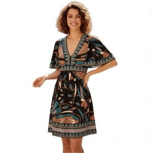 BCBGMAXAZRIA DRESS |XS Multi-Print Tie-Back Flutter Sleeve Dress
